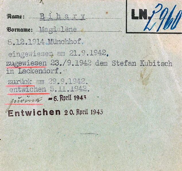 Häftlingskarte des »Zigeuner-lagers« Lackenbach für Magdalene Bihary, 1942