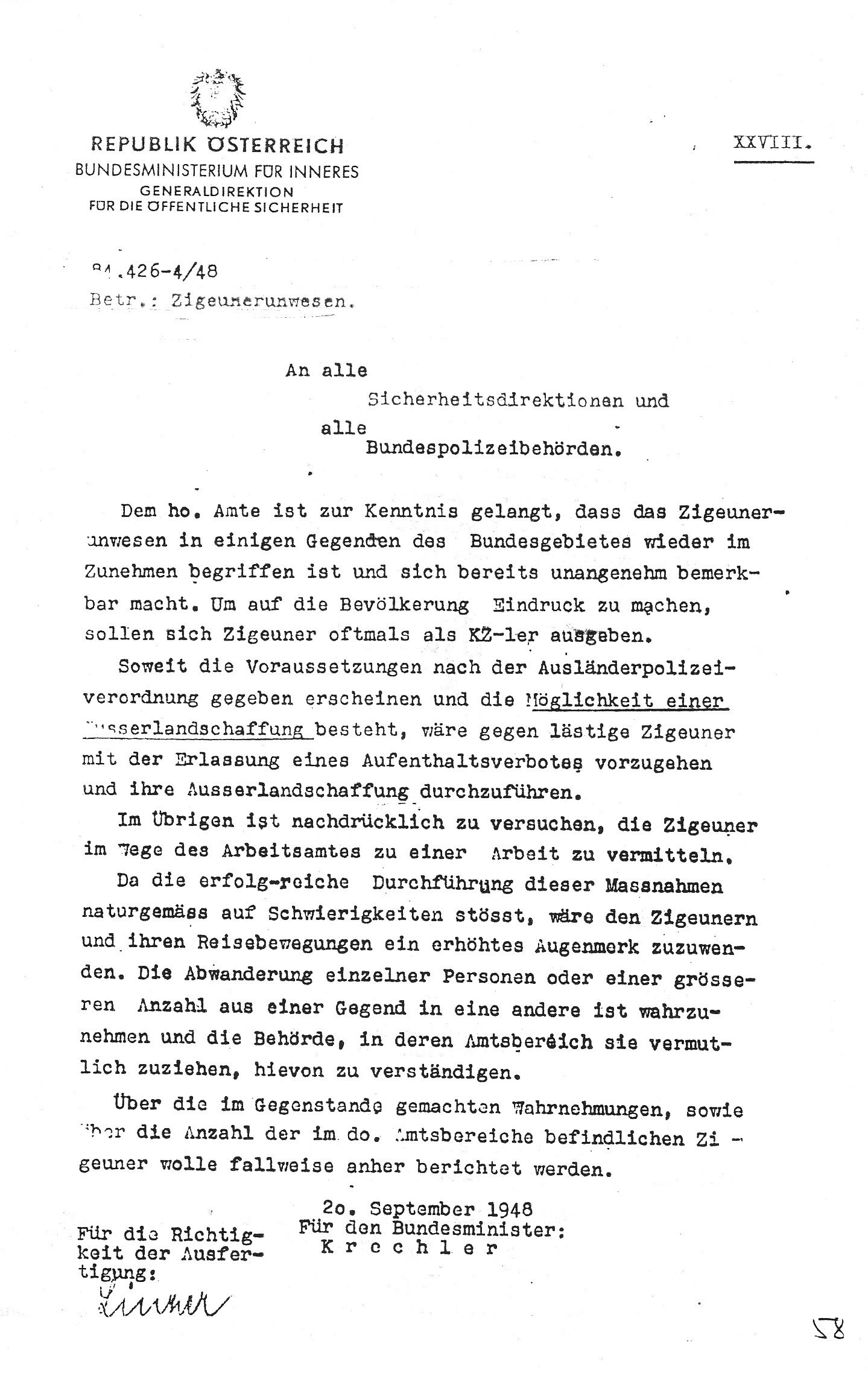 Schreiben des Bundesministeriums für Inneres an alle Sicherheitsdirektionen und Bundespolizeibehörden betreffend »Zigeunerunwesen«, 20. September 1948