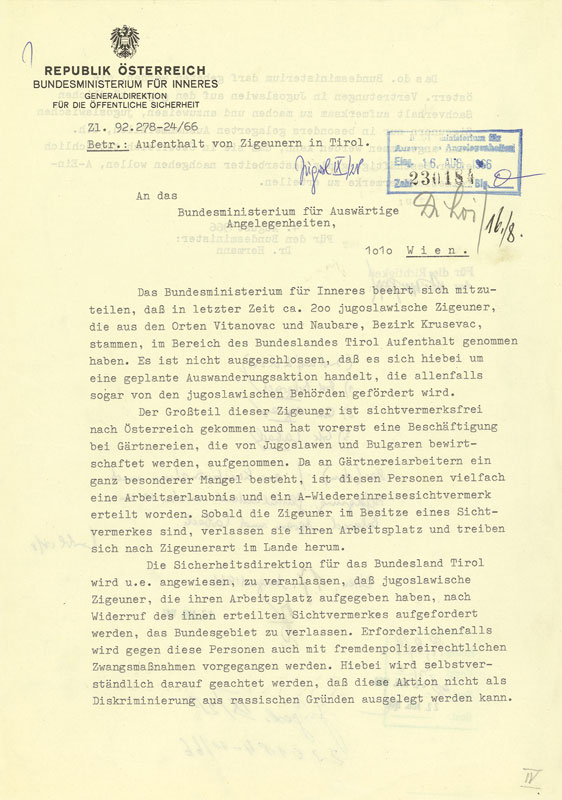 Schreiben des BM für Inneres an das BM für Auswärtige Angelegenheiten, 4. August 1966